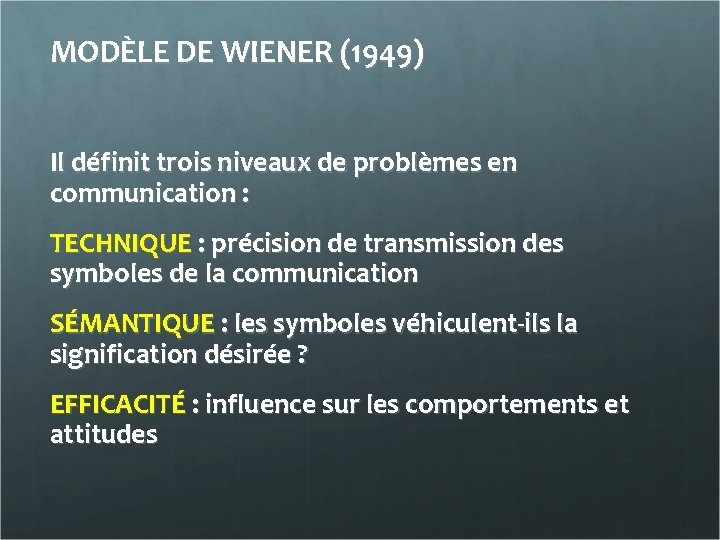 MODÈLE DE WIENER (1949) Il définit trois niveaux de problèmes en communication : TECHNIQUE