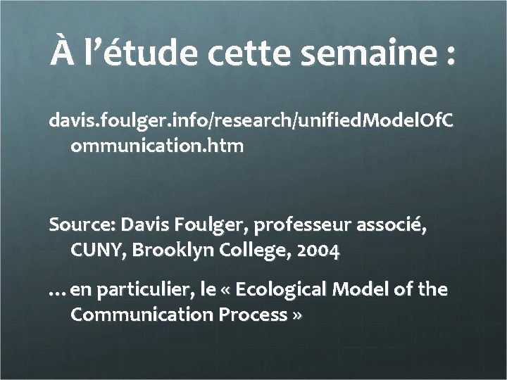 À l’étude cette semaine : davis. foulger. info/research/unified. Model. Of. C ommunication. htm Source: