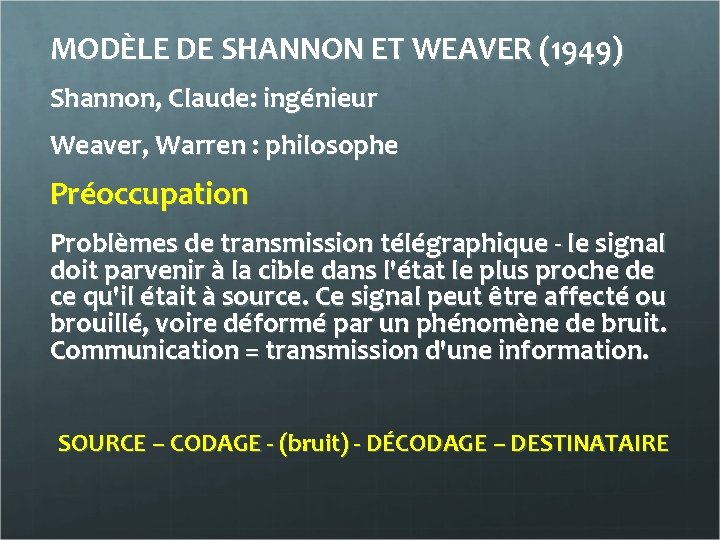 MODÈLE DE SHANNON ET WEAVER (1949) Shannon, Claude: ingénieur Weaver, Warren : philosophe Préoccupation