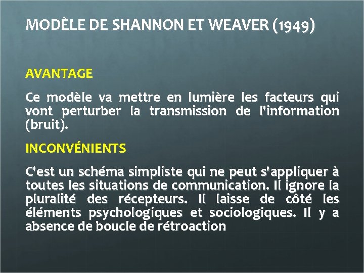 MODÈLE DE SHANNON ET WEAVER (1949) AVANTAGE Ce modèle va mettre en lumière les