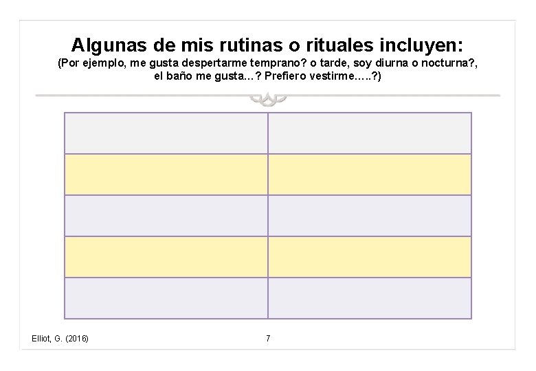 Algunas de mis rutinas o rituales incluyen: (Por ejemplo, me gusta despertarme temprano? o