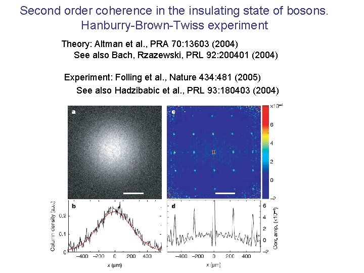 Second order coherence in the insulating state of bosons. Hanburry-Brown-Twiss experiment Theory: Altman et