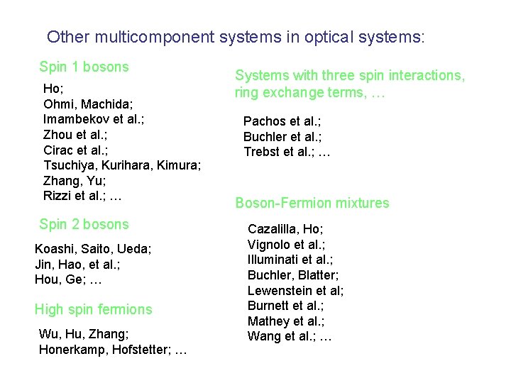 Other multicomponent systems in optical systems: Spin 1 bosons Ho; Ohmi, Machida; Imambekov et