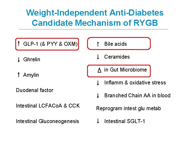 Weight-Independent Anti-Diabetes Candidate Mechanism of RYGB GLP-1 (& PYY & OXM) Bile acids Ghrelin