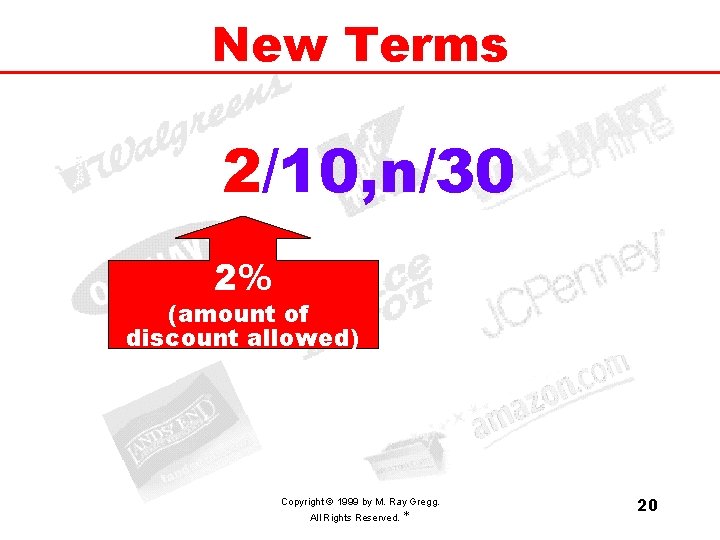 New Terms 2/10, n/30 2% (amount of discount allowed) Copyright © 1999 by M.