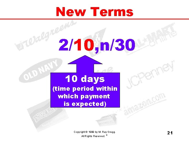 New Terms 2/10, n/30 10 days (time period within which payment is expected) Copyright