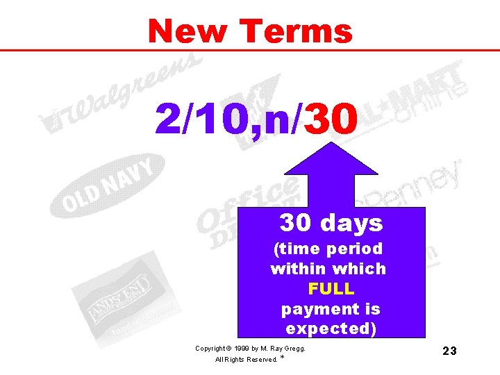 New Terms 2/10, n/30 30 days (time period within which FULL payment is expected)