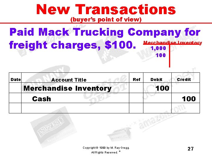 New Transactions (buyer’s point of view) Paid Mack Trucking Company for Merchandise Inventory freight