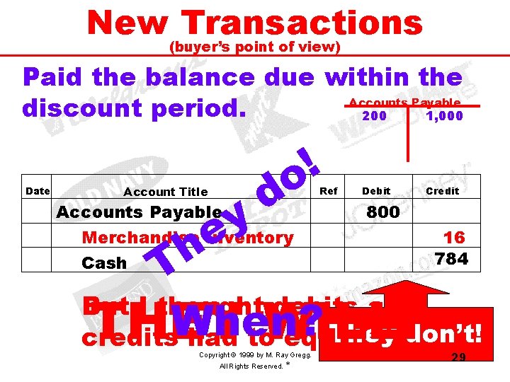 New Transactions (buyer’s point of view) Paid the balance due within the Accounts Payable