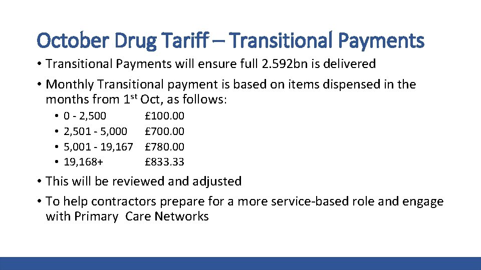 October Drug Tariff – Transitional Payments • Transitional Payments will ensure full 2. 592