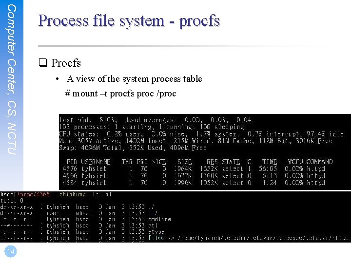 Computer Center, CS, NCTU 14 Process file system - procfs q Procfs • A