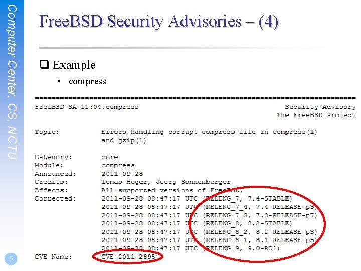 Computer Center, CS, NCTU 5 Free. BSD Security Advisories – (4) q Example •
