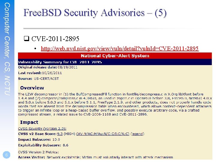 Computer Center, CS, NCTU 6 Free. BSD Security Advisories – (5) q CVE-2011 -2895