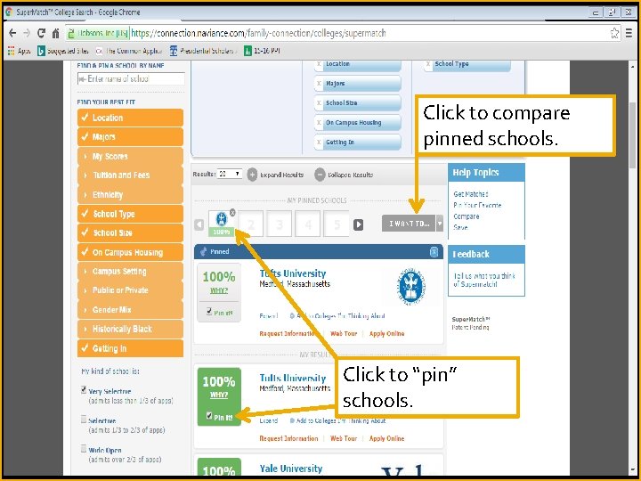 Click to compare pinned schools. Click to “pin” schools. 