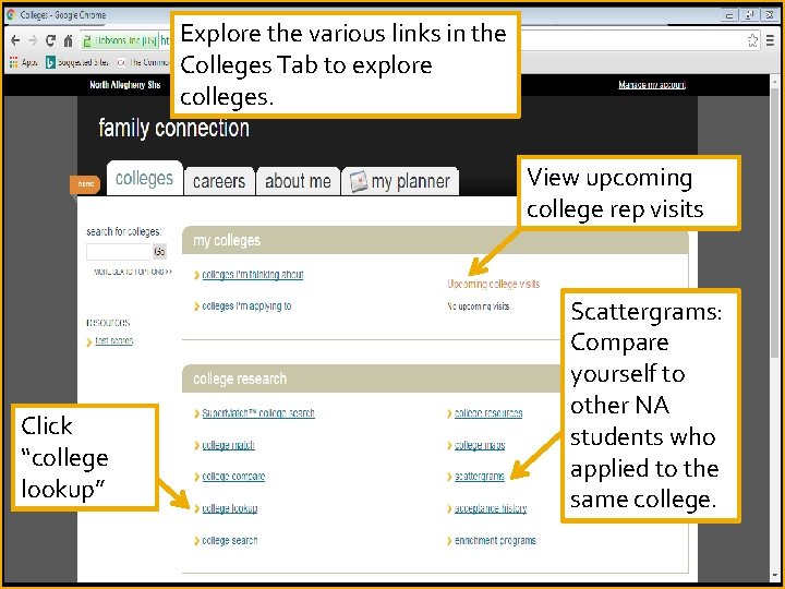Explore the various links in the Colleges Tab to explore colleges. View upcoming college