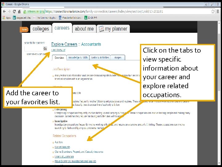 Add the career to your favorites list. Click on the tabs to view specific
