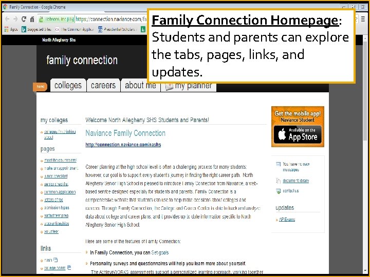 Family Connection Homepage: Students and parents can explore the tabs, pages, links, and updates.