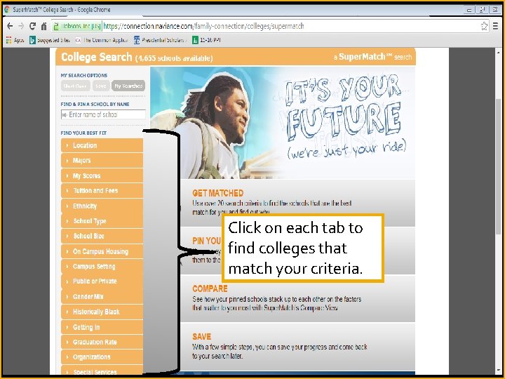 Click on each tab to find colleges that match your criteria. 
