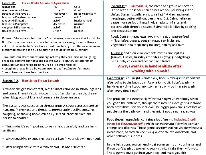 Excerpt #1: Flu vs. Colds: A Guide to Symptoms: Questions Flu Was the onset Excerpt #1: Flu vs. Colds: A Guide to Symptoms: Questions Flu Was the onset