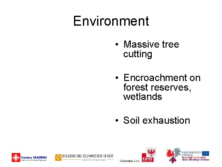 Environment • Massive tree cutting • Encroachment on forest reserves, wetlands • Soil exhaustion
