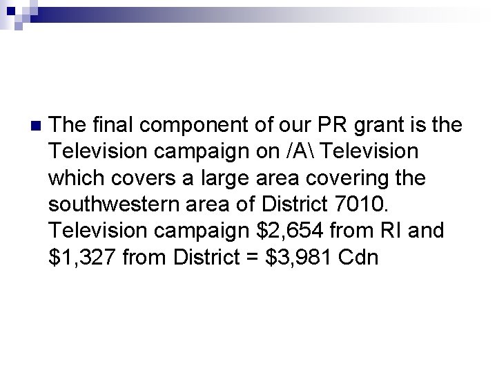 n The final component of our PR grant is the Television campaign on /A