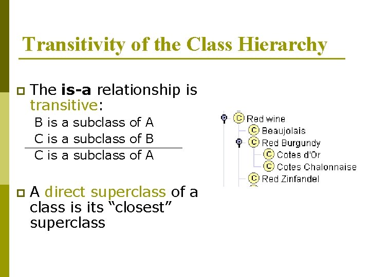Transitivity of the Class Hierarchy p The is-a relationship is transitive: B is a
