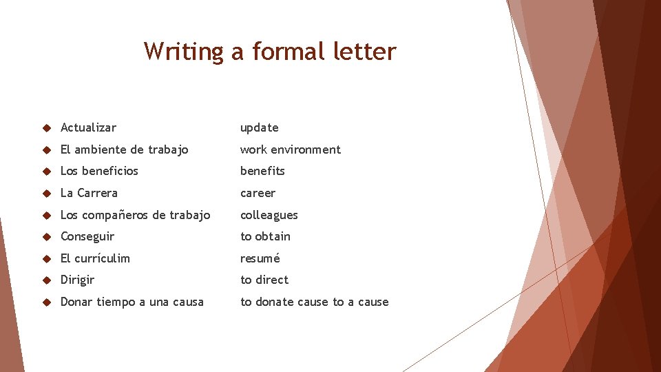 Writing a formal letter Actualizar update El ambiente de trabajo work environment Los beneficios