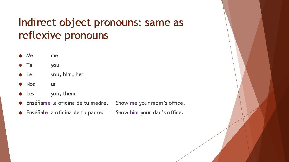 Indirect object pronouns: same as reflexive pronouns Me me Te you Le you, him,