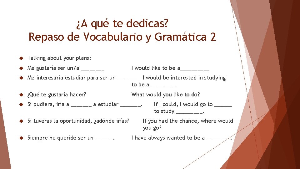 ¿A qué te dedicas? Repaso de Vocabulario y Gramática 2 Talking about your plans:
