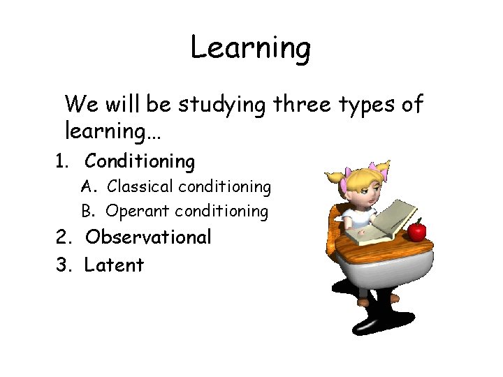 Learning We will be studying three types of learning… 1. Conditioning A. Classical conditioning