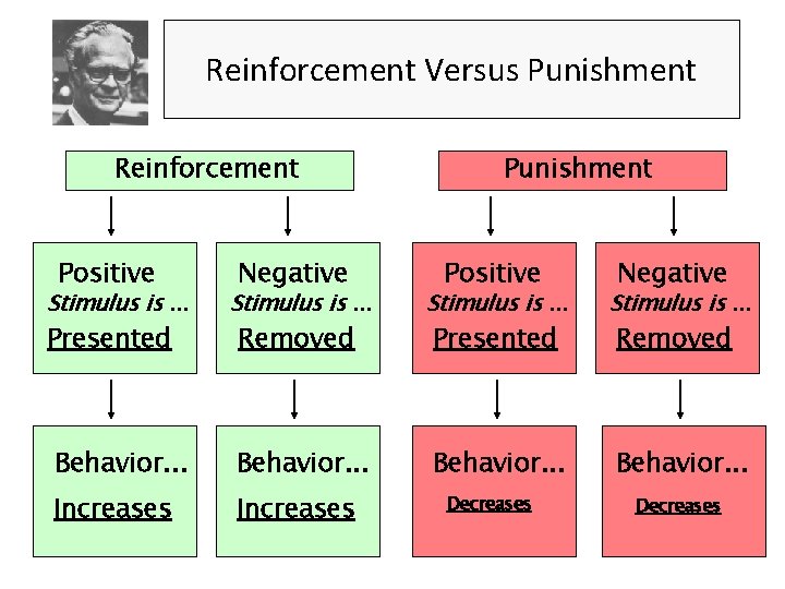 Reinforcement Versus Punishment Reinforcement Positive Negative Punishment Positive Negative Stimulus is. . . Behavior.