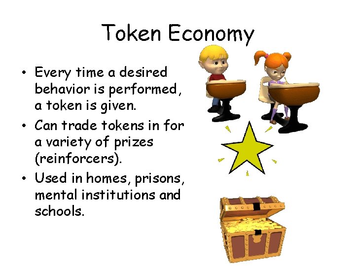 Token Economy • Every time a desired behavior is performed, a token is given. Token Economy • Every time a desired behavior is performed, a token is given.