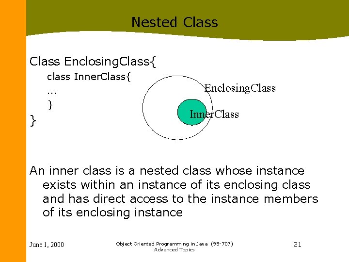Nested Class Enclosing. Class{ class Inner. Class{. . . } } Enclosing. Class Inner.