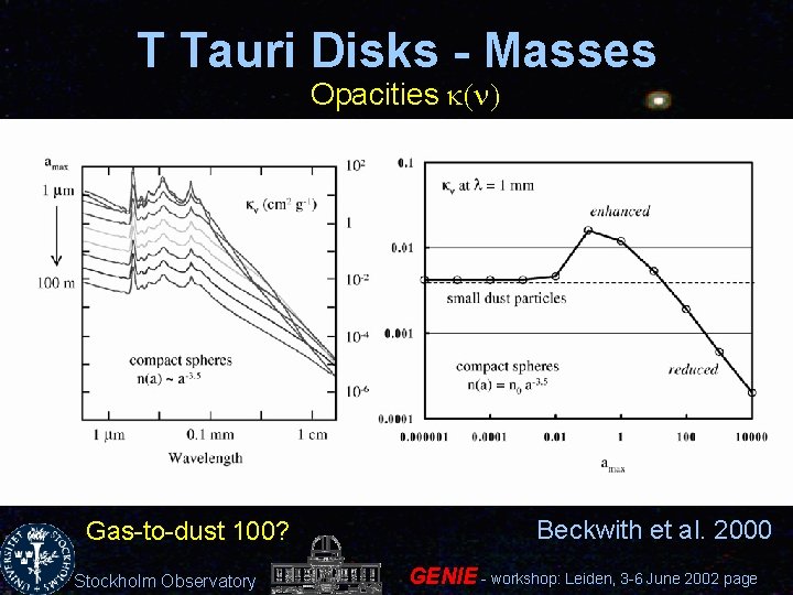 T Tauri Disks - Masses Opacities k(n) Gas-to-dust 100? Stockholm Observatory Beckwith et al.