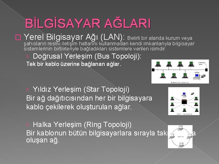 BİLGİSAYAR AĞLARI � Yerel Bilgisayar Ağı (LAN): Belirli bir alanda kurum veya şahısların resmi