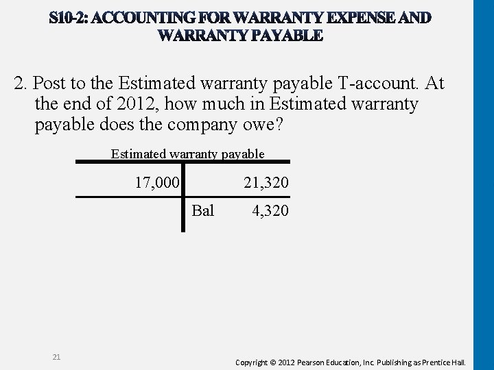 2. Post to the Estimated warranty payable T-account. At the end of 2012, how