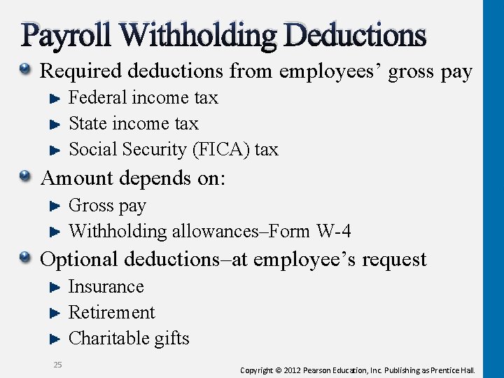 Payroll Withholding Deductions Required deductions from employees’ gross pay Federal income tax State income