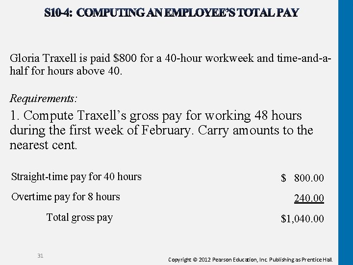 Gloria Traxell is paid $800 for a 40 -hour workweek and time-and-ahalf for hours