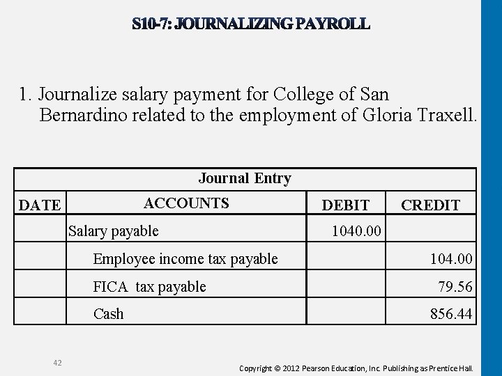 1. Journalize salary payment for College of San Bernardino related to the employment of