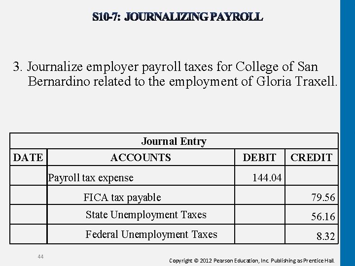 3. Journalize employer payroll taxes for College of San Bernardino related to the employment