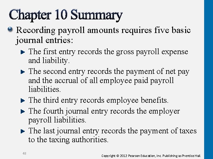 Chapter 10 Summary Recording payroll amounts requires five basic journal entries: The first entry