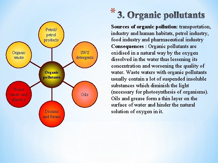 * Petrol/ petrol products Organic waste SWS detergents Organic pollutants Home waste and plastics