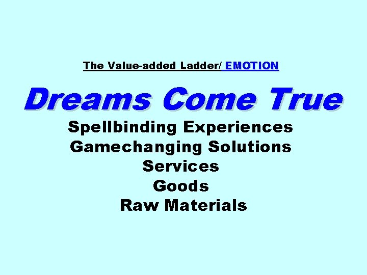 The Value-added Ladder/ EMOTION Dreams Come True Spellbinding Experiences Gamechanging Solutions Services Goods Raw