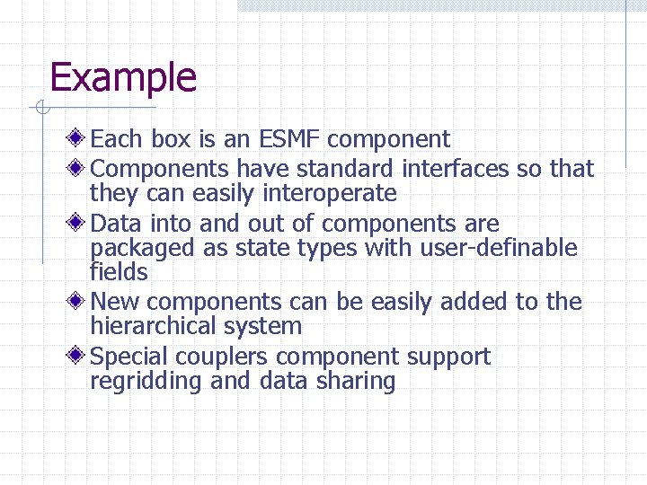 Example Each box is an ESMF component Components have standard interfaces so that they