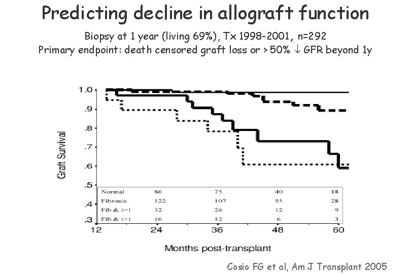 Predicting decline in allograft function Biopsy at 1 year (living 69%), Tx 1998 -2001,