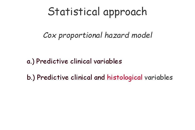 Statistical approach Cox proportional hazard model a. ) Predictive clinical variables b. ) Predictive