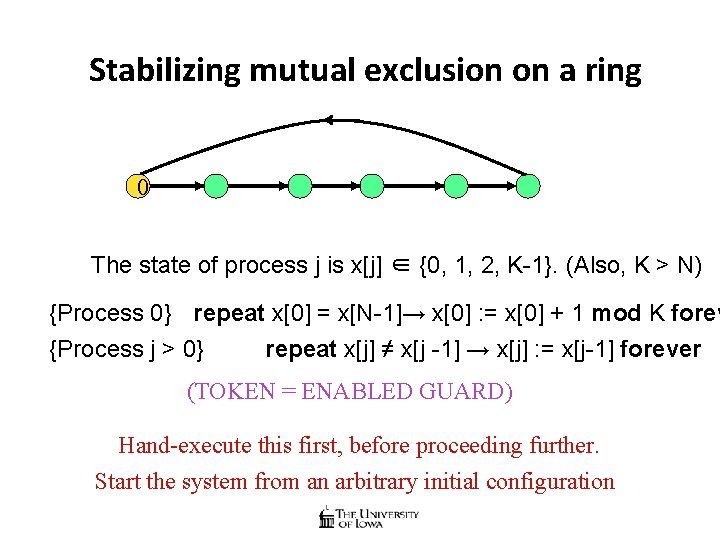 Stabilizing mutual exclusion on a ring 0 The state of process j is x[j]