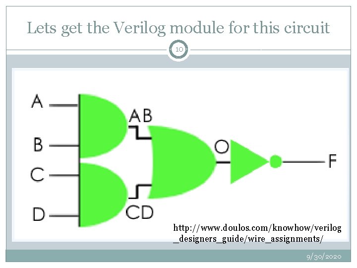 Lets get the Verilog module for this circuit 10 http: //www. doulos. com/knowhow/verilog _designers_guide/wire_assignments/