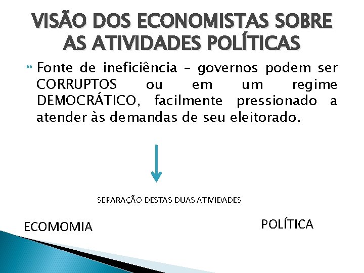 VISÃO DOS ECONOMISTAS SOBRE AS ATIVIDADES POLÍTICAS Fonte de ineficiência – governos podem ser