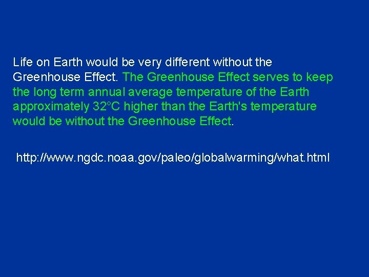 Life on Earth would be very different without the Greenhouse Effect. The Greenhouse Effect